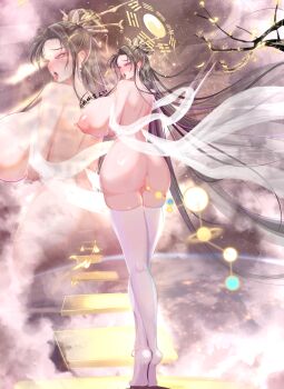 1girl absurdres anal anal_beads anal_object_insertion armpits bar_censor black_thighhighs breasts butt_plug censored colored_skin dogma_zzzz elbow_gloves feet gloves hair_bun highres huge_breasts lactation large_areolae lying navel nipples nude object_insertion on_back puffy_nipples purple_eyes purple_hair purple_skin pussy sex_toy solo spread_legs thighhighs veil