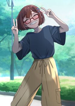 1girl ^_^ black_shirt blush brown_hair brown_pants closed_eyes commentary double_v hair_ornament hairclip hakuino_hakase highres lamppost original outdoors pants parallel_hairclips rectangular_eyewear red-framed_eyewear semi-rimless_eyewear shirt short_hair smile solo tree under-rim_eyewear v