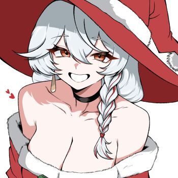 1girl absurdres black_choker blue_archive breasts choker cleavage collarbone commentary_request dress earrings eri_(blue_archive) fur-trimmed_dress fur_trim hair_between_eyes hat highres jewelry large_breasts long_hair multicolored_hair off-shoulder_shirt off_shoulder orange_eyes red_dress red_hair red_hat santa_hat shirt simple_background single_earring user_pstz8335 white_background white_hair witch_hat