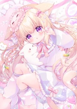 1girl :o animal_ears blonde_hair blush bow braid cat_ears cat_girl cat_tail chiika_(cure_cherish) corn_hair_ornament dress flower food-themed_hair_ornament frilled_dress frills hair_bow hair_flower hair_ornament long_hair long_sleeves looking_at_viewer mask original pink_bow purple_bow purple_eyes sleep_mask socks solo tail twin_braids white_bow x_hair_ornament yume_kawaii