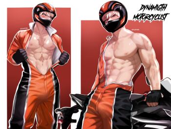 Rule 34 | 1boy, abs, bakugou katsuki, biker clothes, bikesuit, blonde hair, bodysuit, boku no hero academia, bulge, clothes down, commentary, english commentary, fingerless gloves, gloves, helmet, highres, looking at viewer, male focus, motor vehicle, motorcycle, motorcycle helmet, multiple views, muscular, muscular male, navel, nipples, open clothes, orange bodysuit, palipukiki, pectorals, scar, scar on chest, scar on face, scar on stomach, short hair, spiked hair, twitter username, unzipped, zipper pull tab