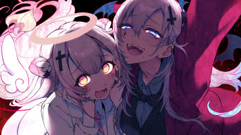 2girls angel_wings arm_up backlighting black_bow black_bowtie black_vest blazer blue_eyes bow bowtie collared_shirt commentary_request cone_hair_bun cross cross_hair_ornament demon_girl demon_tail demon_wings drooling fang hair_between_eyes hair_bun hair_ornament half-closed_eyes halo hands_on_own_cheeks hands_on_own_face head_wings heart heart-shaped_pupils highres horizontal_pupils indie_virtual_youtuber inverted_cross jacket long_hair looking_at_viewer mole mole_under_mouth mouth_drool multicolored_hair multiple_girls necktie open_mouth pink_hair pink_halo pochi_(pochi-goya) pochimaru_(vtuber) red_jacket red_necktie shirt smile suou_patra symbol-shaped_pupils tail teardrop_facial_mark vest virtual_youtuber white_hair white_shirt wings yandere_trance yellow_eyes