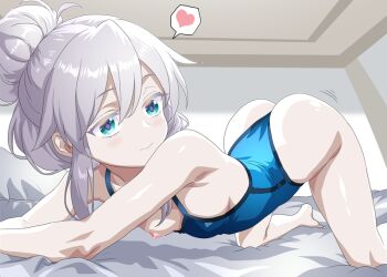 1girl all_fours ass blue_eyes blue_one-piece_swimsuit breasts deux_murasame gundam gundam_gquuuuuux heart indoors light_blush minazuki_noumu nipples on_bed one-piece_swimsuit one_breast_out sidelocks small_breasts solo spoken_heart swimsuit thighs white_hair