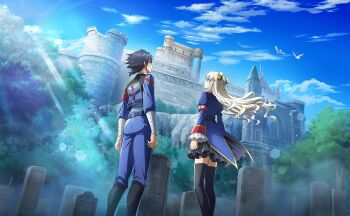 1boy 1girl armband artist_request blonde_hair blue_eyes blue_hair breasts clothes_lift code_geass code_geass:_boukoku_no_akito code_geass:_lost_stories cone_hair_bun double_bun game_cg hair_bun highres hyuuga_akito leila_malcal long_hair looking_at_viewer medium_breasts military_uniform non-web_source official_art red_armband short_hair skirt skirt_lift sleeves_past_wrists smile thighhighs upper_body zettai_ryouiki