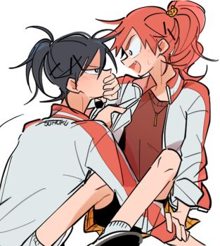 2girls :d ankle_socks arm_between_legs bike_shorts bike_shorts_under_skirt black_hair blue_eyes blush breasts bright_pupils choppy_bangs commentary covering_another's_mouth ear_blush eye_contact face-to-face fang feet_out_of_frame from_side genderswap genderswap_(mtf) glaring gold_necklace hair_between_eyes hair_ornament hairpin hand_on_another's_arm hand_up imaizumi_shunsuke jacket jewelry long_hair looking_at_another medium_hair multicolored_jacket multiple_girls multiple_hairpins narrowed_eyes naruko_shoukichi necklace o_omome open_clothes open_jacket open_mouth opening_another's_clothes profile red_eyes red_hair red_jacket red_shirt rejected_kiss shirt simple_background sleeves_pushed_up sleeves_rolled_up small_breasts small_sweatdrop smile socks symbol-only_commentary tiger_hair_ornament track_jacket two-tone_jacket unzipped upper_body v-shaped_eyebrows wavy_hair white_background white_jacket white_pupils white_socks wide-eyed yellow_shirt yowamushi_pedal yuri