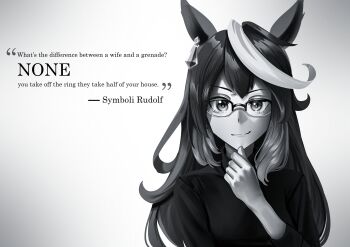 1girl absurdres animal_ears character_name closed_mouth commentary cosplay english_commentary english_text glasses greyscale hand_on_own_chin hand_up highres horse_ears horse_girl long_hair looking_at_viewer manjo_(warito) monochrome multicolored_hair over-rim_eyewear portrait real_life semi-rimless_eyewear smile solo steve_jobs steve_jobs_(cosplay) stroking_own_chin sweater symboli_rudolf_(umamusume) turtleneck turtleneck_sweater umamusume white_background