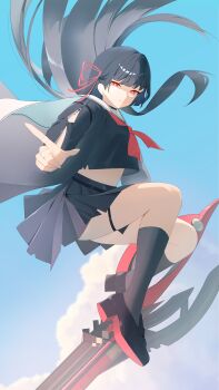1girl absurdres arm_cutout black_choker black_hair black_jacket black_serafuku black_shoes black_skirt breasts chisa_(wuthering_waves) choker closed_mouth clothing_cutout commentary floating_hair hair_floating_upwards hair_ribbon highres jacket long_sleeves looking_at_viewer luckyyeah medium_breasts mole mole_under_eye neckerchief red_eyes red_neckerchief red_ribbon ribbon sailor_collar school_uniform serafuku shoes skirt solo sword tacet_mark_(wuthering_waves) weapon white_sailor_collar wuthering_waves