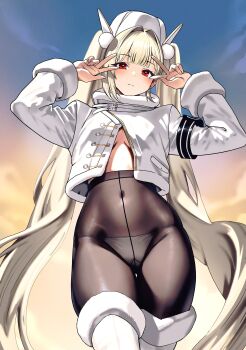 1girl absurdres blanc_(fortune_express)_(nikke) blanc_(nikke) breasts brown_pantyhose closed_mouth covered_navel cowboy_shot cropped_jacket double_v fur_trim goddess_of_victory:_nikke gusset hair_intakes hands_up hat high-waist_pantyhose highres jacket long_hair long_sleeves looking_at_viewer medium_breasts mr_tangsuyuk official_alternate_costume panties panties_under_pantyhose pantyhose red_eyes solo standing string_panties thighhighs twintails underwear v very_long_hair white_hair white_hat white_jacket white_panties white_thighhighs