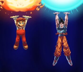 2boys arms_up black_hair blue_eyes brown_hair dragonball_z facial_hair fire fire_mario fireball full_body genki_dama gloves height_difference highres looking_at_another mario mario_(series) multiple_boys mustache nintendo serious son_goku super_mario_bros._1 sweat
