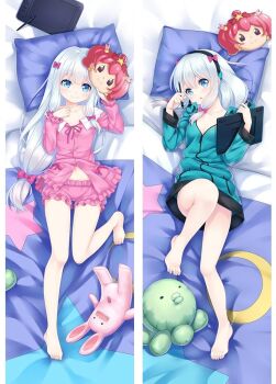 1girl aqua_cardigan bare_legs barefoot bed_sheet black_hairband blue_eyes bow breasts cardigan cleavage closed_mouth collarbone dakimakura_(medium) dress_shirt eromanga_sensei from_above full_body hair_between_eyes hair_bow hairband holding holding_pen izumi_sagiri long_hair long_sleeves looking_at_viewer lying micro_shorts midriff moeanime navel on_back open_mouth pajamas pen pillow pink_bow pink_shirt pink_shorts shirt shorts sleepwear small_breasts smile solo split_screen stomach white_hair zipper
