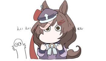 animal_ears blue_hat bow ears_through_headwear hair_ornament hairclip hands_up hat hattifattener horse_ears horse_tail kawamochi_(kawauti919) long_sleeves looking_at_viewer matikanetannhauser_(umamusume) moomin moomintroll multicolored_hair puffy_long_sleeves puffy_sleeves purple_shirt school_uniform shirt simple_background streaked_hair tail tracen_school_uniform translation_request umamusume upper_body v-shaped_eyebrows white_background white_bow