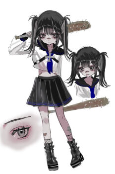 1girl bandaid bandaid_on_face bandaid_on_leg bandaid_on_nose baseball_bat black_boots black_hair black_sailor_collar black_skirt blue_neckerchief boots fishnet_socks fishnets full_body hayu_(hayu0305) holding holding_baseball_bat holding_weapon looking_at_viewer miniskirt multiple_views nail_(hardware) nail_bat neckerchief original pleated_skirt sailor_collar school_uniform serafuku shirt simple_background skirt socks twintails weapon white_background white_shirt