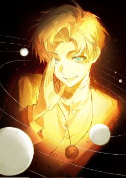 Rule 34 | 1boy, blonde hair, blue eyes, buttons, chi.: chikyuu no undou ni tsuite, commentary request, highres, jacket, jewelry, looking at viewer, male focus, necklace, ookami ciro, open mouth, orbital path, planet, rafal (chi.), short hair, solar system, solo, space, teeth, upper body