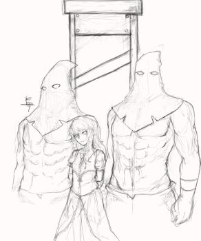 1girl 2boys absurdres bare_pectorals bow executioner fatuus greyscale guillotine highres hood lolita_fashion long_hair monochrome multiple_boys original pectorals princess princess_alicia_alaya simple_background sketch smile white_background