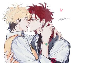 2boys alternate_costume antenna_hair arm_strap black_hair black_shirt blonde_hair blush bracelet braid braided_ponytail chinese_commentary chinese_knot closed_eyes closed_mouth collared_shirt dated ear_piercing earrings grey_vest hand_on_another&#039;s_back hand_on_another&#039;s_neck heart highres huachajiangqwq hug imminent_kiss jewelry long_hair looking_at_another male_focus multicolored_hair multiple_boys necklace open_mouth piercing profile red_eyes red_hair shiguang_dailiren shirt short_hair simple_background single_braid sketch smile teeth turtleneck two-tone_hair undershirt upper_body vest white_background white_shirt xia_fei xiao_weiying yaoi yellow_vest