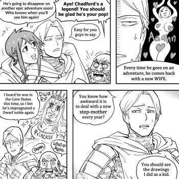 1girl 2boys arm_around_shoulder armor bald bb_(baalbuddy) beard breasts cleavage cleric dwarf english_text facial_hair heart highres jitome large_breasts mature_male monochrome multiple_boys original paladin short_hair shouting sideways_glance speech_bubble surprised sweatdrop