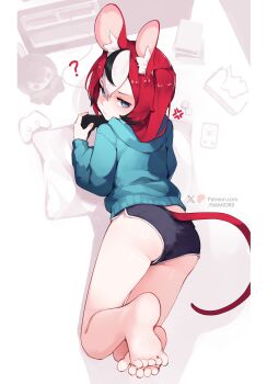 1girl ? absurdres anger_vein animal_ears ass bare_legs barefoot black_hair black_shorts blue_eyes blue_hoodie breasts commentary controller english_commentary fake_animal_ears feet game_controller hakos_baelz highres holding holding_controller holding_game_controller hololive hololive_english hood hoodie long_hair long_sleeves looking_at_viewer looking_back lying medium_breasts mouse_girl mouse_tail multicolored_hair namiorii on_stomach red_hair short_shorts shorts soles solo streaked_hair tail toes virtual_youtuber white_hair