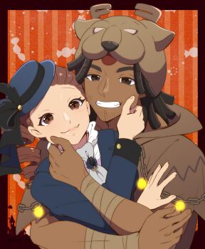 1boy 1girl absurdres animal_hood antlers beard_stubble black_hair blue_hat bow bowtie brown_eyes brown_hair chain cheek_pinching dark-skinned_male dark_skin drill_hair facial_hair grey_bow grey_bowtie grin hat hat_ribbon hetero highres hood horns identity_v long_sleeves martha_behamfil monkeywrench mutual_cheek_pinching orange_background pinching reindeer_antlers ribbon smile striped_background stubble upper_body william_ellis