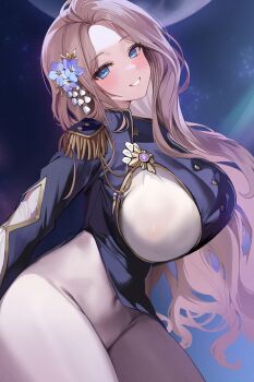 1girl absurdres blue_eyes blush bodysuit breasts brown_dust_(series) brown_dust_2 brown_hair covered_navel darian_silverstein epaulettes hair_ornament hido_(cherryhido) highres large_breasts long_hair long_sleeves looking_at_viewer medal smile solo white_bodysuit