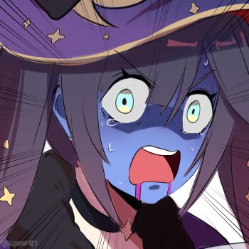 1girl absurdres aqua_eyes black_choker black_hair blue_skin blunt_bangs choker colored_skin emphasis_lines eyelashes fur_collar genshin_impact gold_trim hat highres kurenaiz_(kuayrenaiz) long_hair mona_(genshin_impact) open_mouth parted_bangs portrait purple_liquid sidelocks solo star_(symbol) star_choker star_print tears teeth turn_pale twitter_username upper_teeth_only v-shaped_eyebrows white_background wide-eyed witch_hat