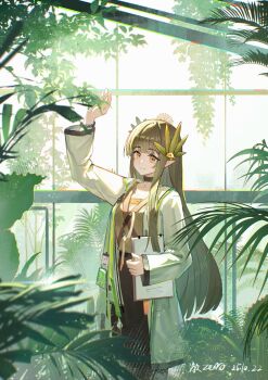 Rule 34 | 1girl, absurdres, arknights, arm up, black choker, brown hair, brown skirt, che zero, chinese commentary, choker, chromatic aberration, clipboard, closed mouth, coat, commentary request, cowboy shot, day, elf, grey shirt, hair ornament, highres, holding, holding clipboard, infection monitor (arknights), lab coat, long hair, long sleeves, looking at viewer, mole, mole under eye, muelsyse (arknights), open clothes, open coat, plant, pointy ears, shirt, single sleeve past wrist, skirt, smile, solo, standing, white coat, yellow eyes