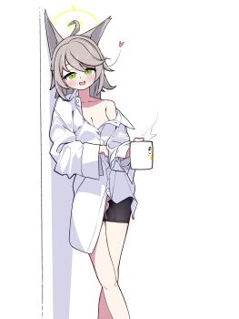 1girl absurdres ahoge animal_ears bike_shorts blue_archive blush borrowed_clothes breasts brown_hair coffee_mug collared_shirt commission cum cumdrip cup fox_ears fox_girl green_eyes green_halo halo heart highres long_malin mug otogi_(blue_archive) pixiv_commission shirt simple_background spoken_heart torn_clothes