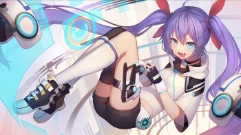 Rule 34 | 1girl, :d, absurdres, ahoge, artist request, asymmetrical legwear, black gloves, black shorts, black thighhighs, blue eyes, blue hair, bow, chinese commentary, commentary request, controller, fang, fingerless gloves, floating, full body, game controller, gloves, hair between eyes, hair ribbon, highres, holding, holographic interface, hood, jacket, kneehighs, long hair, looking at viewer, open mouth, original, purple hair, red bow, red ribbon, ribbon, second-party source, shirt, shoes, short shorts, short sleeves, shorts, single thighhigh, smile, socks, solo, thigh strap, thighhighs, twintails, uneven legwear, very long hair, white shirt, white socks, wulala (vtuber)