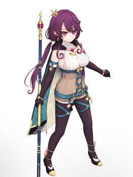 1girl absurdres ahoge atelier_(series) atelier_sophie atelier_sophie_2 belt blue_belt blue_cape breasts brown_gloves cape closed_mouth commentary elbow_gloves full_body gloves hand_up highres holding holding_staff large_breasts leotard long_hair looking_at_viewer low_twintails purple_eyes purple_hair ramizel_erlenmeyer signature simple_background smile solo staff thedesalizes twintails very_long_hair white_background