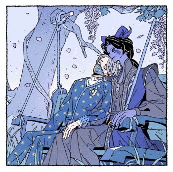 2boys aesop_carl aesop_carl_(man_in_dream) black_hair black_pants blue_horns blue_sclera blue_skin blush closed_eyes colored_sclera colored_skin curled_horns facial_mark falling_petals fingernails grass grey_hair grey_shirt high_collar highres horns identity_v joseph_desaulniers joseph_desaulniers_(azrael) leaning_on_person male_focus mask mouth_mask multiple_boys nakainaka4383 pajamas pants petals puffy_sleeves sharp_fingernails shirt solid_eyes swing_set tree turtleneck yaoi