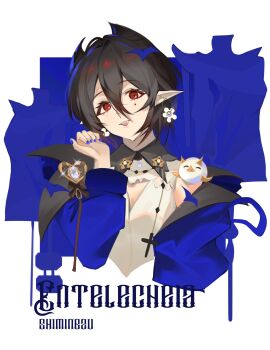 Rule 34 | 1girl, absurdres, arknights, bad anatomy, bad hands, black hair, blue jacket, character name, chinese commentary, commentary request, creature, creature on shoulder, cropped torso, cross, earrings, entelechia (arknights), entelechia (dazzling blue) (arknights), fang pian fap, flower earrings, glint, hair between eyes, hair horns, highres, jacket, jewelry, latin cross, looking at viewer, mole, mole under eye, official alternate costume, on shoulder, open mouth, pointy ears, red eyes, shirt, short hair, smile, solo, white shirt