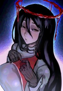 1girl black_gloves black_hair blood blood_halo breasts coat collar gloves halo highres how_to_date_an_entity_(and_stay_alive) large_breasts liquid_halo long_hair looking_at_viewer looking_to_the_side mrs._(how_to_date_an_entity) original pale_skin red_halo sfour_s4 solo squinting trench_coat upper_body