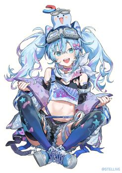 1girl :d adjusting_clothes animal_ear_hairband animal_ears arahashi_tabi armpit_crease bandaid bandaid_on_arm bandaid_on_leg bandaid_on_neck bandana bandana_around_neck bare_shoulders belt black_choker black_shirt black_shorts black_thighhighs blue_belt blue_eyes blue_hair blue_hairband bow breasts character_name choker clothes_down commentary_request compass copyright_name copyright_notice creature_on_head crop_top cropped_shirt fake_animal_ears full_body fur-trimmed_shorts fur_trim goggles goggles_on_head gradient_thighhighs hair_bow hair_ornament hairband head_tilt heart highres indian_style jacket korean_commentary long_hair long_sleeves looking_at_viewer midriff multicolored_hair navel o-ring_strap official_alternate_costume open_clothes open_jacket open_mouth pink_bow print_shirt print_thighhighs puffy_long_sleeves puffy_sleeves pungdangi_(arahashi_tabi) purple_belt purple_bow purple_hair purple_thighhighs raised_eyebrows seeshin_see shirt shoes short_shorts shorts simple_background sitting sleeveless sleeveless_shirt small_breasts smile sneakers star_(symbol) star_hair_ornament star_print stellive streaked_hair teeth thigh_strap thighhighs torn_clothes torn_shirt torn_thighhighs twintails two-sided_fabric two-sided_jacket upper_teeth_only virtual_youtuber white_background white_bandana white_jacket white_shirt white_shoes