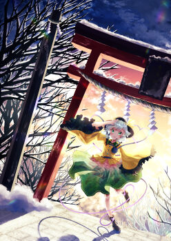 1girl :d absurdres bare_tree black_hat black_shoes blush bow buttons cloud collared_shirt commentary contrast_collar diamond_button evening floral_print frilled_shirt_collar frilled_sleeves frills green_eyes green_hair green_skirt hand_on_own_head hat hat_bow heart heart_of_string highres komeiji_koishi long_sleeves nettian51 night open_mouth rose_print shadow shirt shoes short_hair skirt smile snow solo teeth third_eye torii touhou tree upper_teeth_only walking wide_sleeves winter yellow_bow yellow_shirt