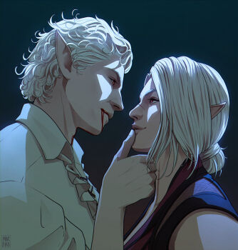 Rule 34 | 1boy, 1girl, astarion, baldur's gate, baldur's gate 3, blood, blood from mouth, commission, curly hair, dungeons & dragons, dungeons &amp; dragons, eye contact, hair bun, looking at another, morbird art, pointy ears, profile, red eyes, short hair, tav (baldur's gate), upper body, vampire, white hair