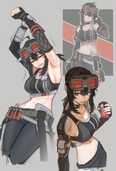 1girl adjusting_hair ahoge armpits belt black_gloves black_hair black_pants breasts cleavage closed_eyes commentary crop_top english_commentary explosive fingerless_gloves gloves goggles goggles_on_head grace_howard grenade grenade_pin_in_mouth grey_background grin hair_between_eyes halfbakelim highres holding holding_grenade large_breasts looking_at_viewer medium_hair midriff multiple_views navel no_ahoge pants pouch red_eyes reference_inset shoulder_tattoo sideboob simple_background smile stretching tattoo tears thigh_pouch torn_clothes zenless_zone_zero zipper