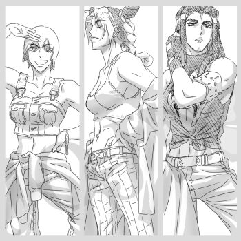 3girls alternate_costume armband braid braided_ponytail breasts bun_with_braided_base camisole cleavage closed_eyes clothes_around_waist coat column_lineup commentary crop_top denim double_bun dreadlocks earrings ermes_costello fingerless_gloves foo_fighters_(jojo) forehead_tattoo gloves greyscale grin hair_bun hands_on_own_hips hashtag-only_commentary holding holding_unworn_clothes jeans jeonjin_(mynamebazin) jewelry jojo_no_kimyou_na_bouken kuujou_jolyne medium_breasts midriff monochrome multicolored_hair multiple_girls navel navel_piercing pants piercing shirt short_hair sleeveless sleeveless_turtleneck smile stone_ocean stud_earrings sweater sweater_around_waist tattoo tied_shirt turtleneck two-tone_hair