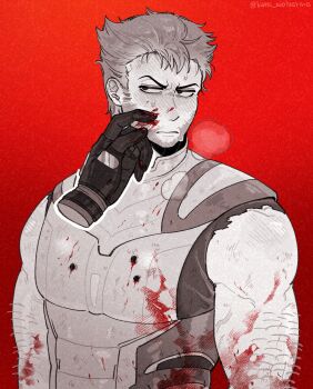 2boys arm_hair blood blood_on_arm blood_on_clothes blood_on_face blood_on_hands blush bodysuit bullet_hole closed_mouth deadpool deadpool_&amp;_wolverine deadpool_(series) disembodied_hand facial_hair full-face_blush gloves hand_on_another's_face highres k4nc_wolverine male_focus marvel marvel monochrome multiple_boys muscular muscular_male pectorals red_background short_hair sleeveless superhero_costume sweatdrop twitter_username veins veiny_arms wolverine_(x-men) x-men yaoi