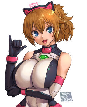 1girl amania_orz black_gloves breasts brown_hair covered_navel elbow_gloves fumina_avatar gloves green_eyes gundam gundam_build_metaverse hair_between_eyes hoshino_fumina large_breasts looking_at_viewer medium_hair open_mouth ponytail simple_background sleeveless smile solo tongue upper_body white_background