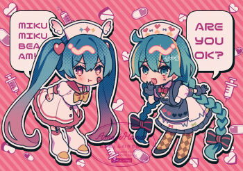 2girls :t amagi_hana argyle_clothes argyle_pantyhose black_gloves blue_hair bow bowtie braid brown_pantyhose commentary_request diagonal-striped_background dress dual_persona facial_tattoo gloves gradient_hair greyscale hand_up hands_on_own_hips hat hatsune_miku heart heart_tattoo leg_warmers long_hair mini_wings monochrome multicolored_hair multiple_girls nurse_cap open_mouth outline pantyhose pill pill_print pink_background pink_eyes pink_hair puffy_short_sleeves puffy_sleeves red_sailor_collar sailor_collar sailor_dress short_sleeves signature smile speech_bubble star-shaped_pupils star_(symbol) striped_background sweatdrop symbol-shaped_pupils syringe tattoo twin_braids very_long_hair vocaloid watermark white_dress white_hair white_leg_warmers wings yellow_bow yellow_bowtie