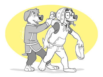Rule 34 | 2boys, animal crossing, animal ears, bodi (rock dog), closed eyes, commentary, dog boy, dog ears, animal nose, dog tail, eclipticafusion, english commentary, fangs, furry, furry male, glasses, hat, hood, hood down, hooded jacket, jacket, k.k. slider (animal crossing), male focus, monochrome, multiple boys, nintendo, open mouth, partially colored, rock dog, sleeveless, sleeveless jacket, smile, tail, white jacket, yaoi