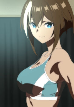 1girl aqua_sports_bra blue_eyes breasts brown_hair cheval_grand_(umamusume) commentary_request curtains highres horse_girl looking_at_viewer medium_breasts multicolored_hair munmunmu selfie short_hair smile solo sports_bra streaked_hair umamusume upper_body