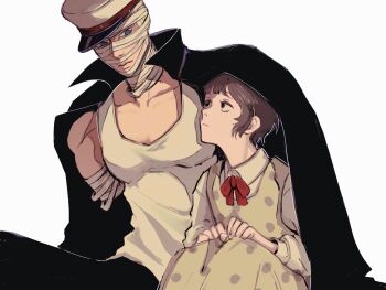 1boy 1girl age_difference amputee armless_amputee bandage_on_face bandaged_arm bandages black_eyes black_hair black_jacket blue_eyes closed_mouth collarbone collared_shirt commentary_request dress gakuran hat hetero highres jacket jacket_on_shoulders midori_(shoujo_tsubaki) polka_dot polka_dot_dress profile red_ribbon ribbon school_uniform shirt short_hair shoujo_tsubaki simple_background sitting tank_top tokkuriji_muchisute user_jfwc2243 white_background white_shirt yellow_dress