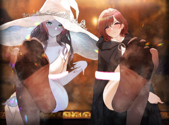 2girls absurdres armpit_crease asakura_toru barefoot black_cloak black_hair black_legwear black_nails blue_eyes blue_skin blurry blurry_background blush breasts brown_hair brown_legwear chinese_commentary cloak collarbone colored_skin commentary_request cosplay crossed_legs dress elden_ring feet foot_focus foot_out_of_frame foot_up foreshortening hair_ornament hairclip hat head_tilt heart heart-shaped_pupils highres higuchi_madoka idolmaster idolmaster_shiny_colors large_breasts large_hat long_hair looking_at_viewer medium_hair melina_(elden_ring) melina_(elden_ring)_(cosplay) multiple_girls nail_polish no_shoes parted_lips ranni_the_witch ranni_the_witch_(cosplay) red_eyes shiny_skin sitting smell soles sparkle steaming_body sweat sweatdrop symbol-shaped_pupils thighs toes ursica white_dress white_headwear witch_hat