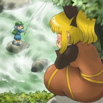 2girls backpack bag black_bow black_eyes black_shirt blonde_hair blue_boots blue_hair blue_shirt blue_skirt blush boots bow brown_dress commentary_request dress fishing fishing_rod full_body green_bag green_hat grin hair_bobbles hair_bow hair_ornament hands_on_own_cheeks hands_on_own_face hat high_ponytail holding holding_fishing_rod kawashiro_nitori kurodani_yamame long_dress long_sleeves looking_at_another multiple_girls newsboy_cap onikobe_rin outdoors pinafore_dress ponytail ribbon river rock shirt short_hair sitting skirt skirt_set sleeveless sleeveless_dress smile standing touhou two_side_up water waterfall yellow_ribbon