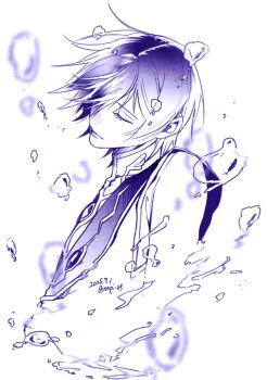 1boy blurry blurry_foreground bubble closed_eyes closed_mouth code_geass commentary_request dated eyelashes gem hair_between_eyes hair_over_one_eye highres jacket lelouch_vi_britannia male_focus monochrome purple_theme shirt short_hair signature simple_background solo twitter_username upper_body water water_drop white_background ykmr_(haga)