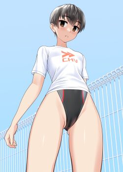 1girl absurdres black_hair black_one-piece_swimsuit blue_background brown_eyes commentary_request competition_swimsuit covered_navel from_below groin highleg highleg_one-piece_swimsuit highres looking_at_viewer one-piece_swimsuit original parted_lips shirt short_hair solo swimsuit t-shirt takafumi two-tone_swimsuit variant_set white_shirt