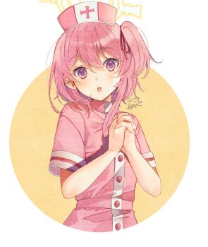 1girl blue_archive blush dress halo hat highres interlocked_fingers looking_at_viewer naoton nurse_cap one_side_up own_hands_together parted_lips pink_dress pink_eyes pink_hair serina_(blue_archive) serina_(nurse)_(blue_archive) short_hair short_sleeves signature solo