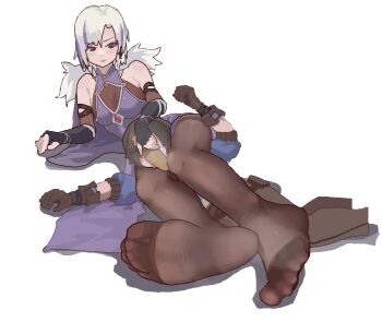 1boy 1girl animated animated_png feet ghost_2e medium_hair original pantyhose purple_eyes shoes single_shoe smell smelling soles steam toes unworn_shoes white_hair