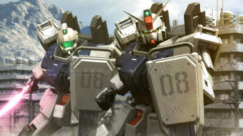 3d artist_name energy_sword building cloud commentary_request english_text ground_gm ground_gundam gundam gundam_08th_ms_team highres machinery mecha mecha_focus mobile_suit mountain no_humans realistic robot ruins s.hasegawa science_fiction shield v-fin watermark window