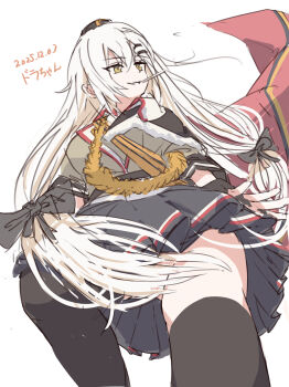 1girl black_skirt black_socks breasts commentary_request girls'_frontline gloves hair_between_eyes hamachi_1026 highres long_hair open_mouth pleated_skirt simple_background skirt smile socks solo svd_(girls'_frontline) white_background white_hair yellow_eyes